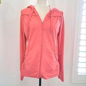 REI Women’s Workout Jacket Size Medium Full Zip Hooded Front pockets Coral
